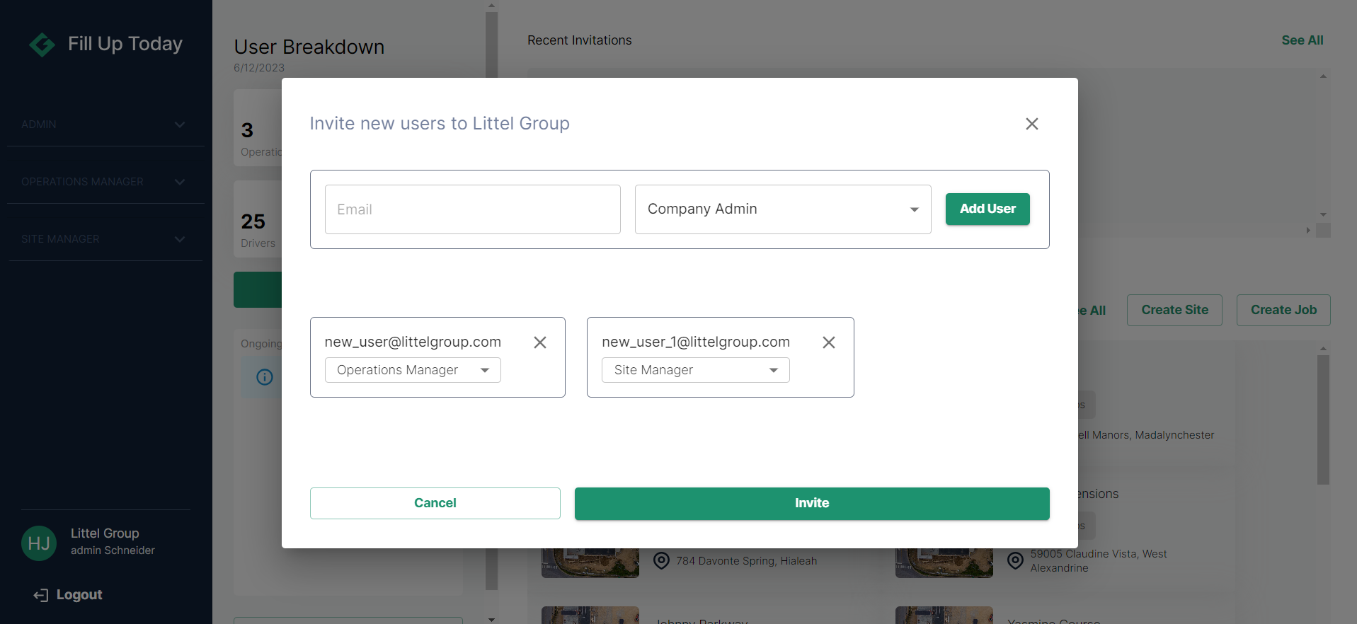 Invite New Users Pop Up