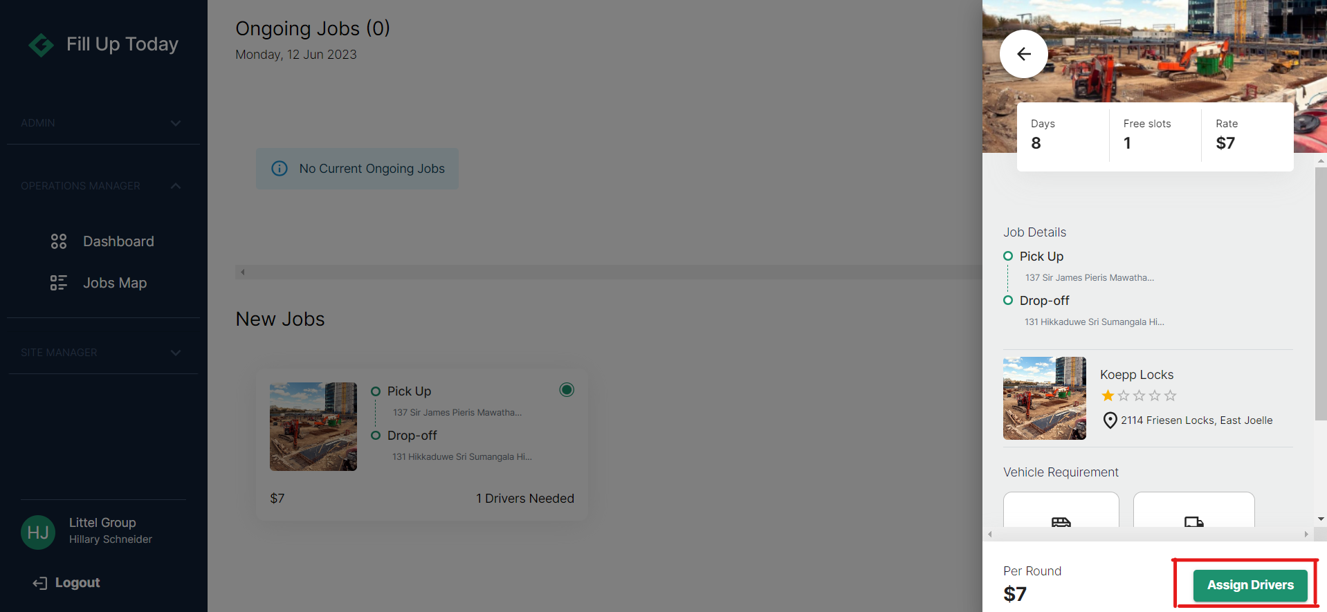 Dashboard New Job Panel
